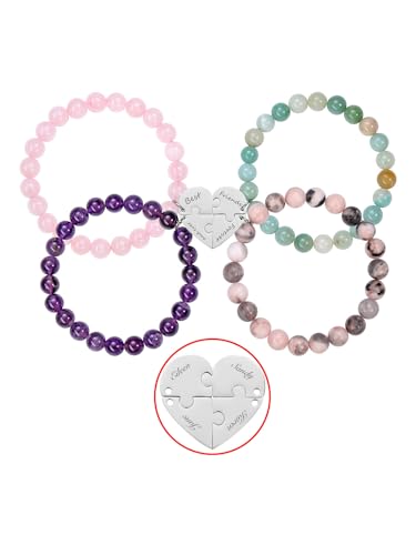 PiercingJak 4 Stücke Freundschaftsarmband mit Gravur Herz Puzzle BFF Anhänger Perlenarmband 8mm Edelstein Perlen Armbänder Personalisierte Geschenke für Freundinen Freunde, Best Friends Forever von PiercingJak