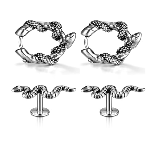 PiercingJak 4er Edelstahl Schlange Ohrringe für Herren Damen Creolen Huggies Hoop Ring Labret Helix Stecker Ohrstecker Silber Set Gothic Punk Schmuck Männer Frauen Accessoire von PiercingJak