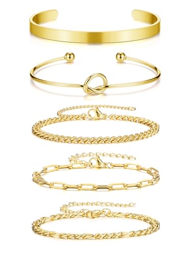 PiercingJak 5Pcs Armbander Damen Gold Set,14K Vergoldet Armkette Manschetten Armband Büroklammer Curb Twist Figaro Ketten Armbänder Verstellbar Stapelarmbänder Modeschmuck Für Frauen Mädchen von PiercingJak