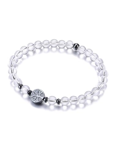 PiercingJak Bergkristall Armband Stein Perlen mit Hämatit Lebensbaum Anhänger Damen Perlenarmband Naturstein Yoga Armreif Spiritueller Schmuck Freundschaft Geschenke für Frauen Mädchen von PiercingJak