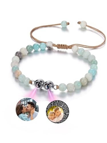 PiercingJak Armband mit Foto Bild Projektion Amazonit Steine Armbänder Damen Herren Perlenarmband Einstellbar Kugelarmband Edelsteine Schmuck Personalisierte Geschenke für Mann Frauen von PiercingJak