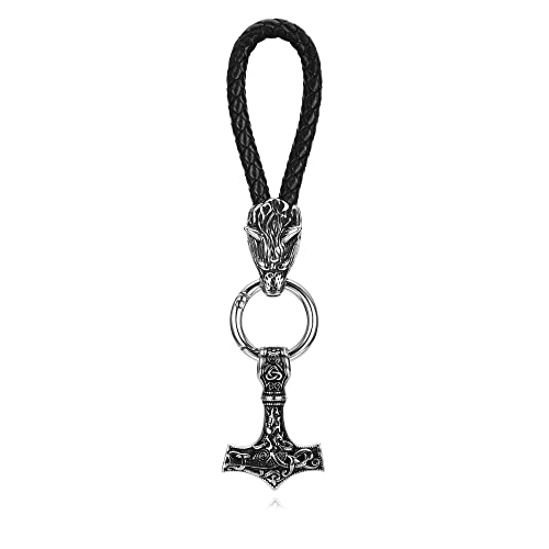 PiercingJak Auto Schlüsselanhänger Thors Hammer Wikinger mit Fenris Wolf Geflochtene Leder Schlüsselband Edelstahl Mjölnir Keltischer Knoten Anhänger Nordischer Schmuck Amulett, Schwarz von PiercingJak