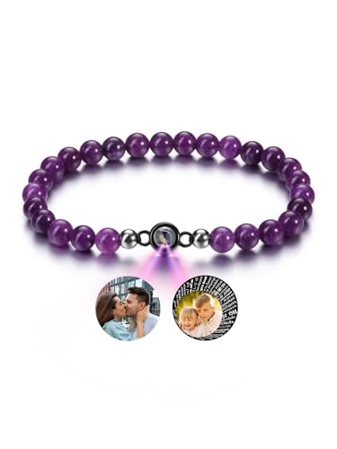PiercingJak Bild Projektion Armband mit Foto im Stein Damen Herren Perlenarmband 6mm Edelstein Lila Jade Stretch-Armband Kugelarmband Personalisierte Geschenke für Mann Frauen von PiercingJak