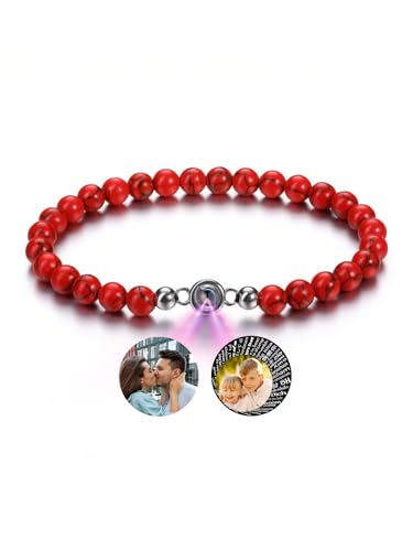PiercingJak Bild Projektion Armband mit Foto im Stein Damen Herren Perlenarmband 6mm Edelstein Stretch-Armband Kugelarmband Personalisierte Geschenke für Mann Frauen, Rot Türkis von PiercingJak