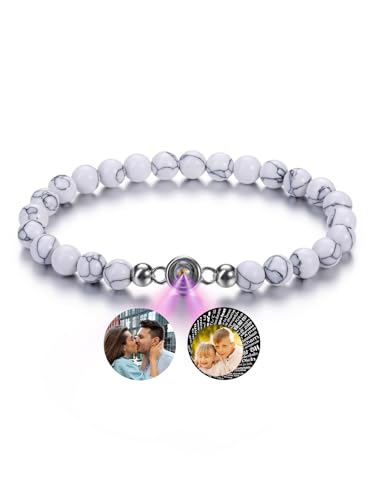 PiercingJak Bild Projektion Armband mit Foto im Stein Damen Herren Perlenarmband 6mm Howlith Edelstein Stretch-Armband Kugelarmband Personalisierte Geschenke für Mann Frauen von PiercingJak