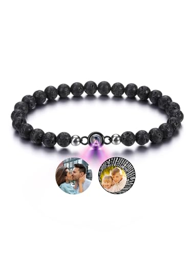 PiercingJak Bild Projektion Armband mit Foto im Stein Damen Herren Perlenarmband 6mm Lavasteine Edelstein Stretch-Armband Personalisierte Geschenke für Mann Frauen von PiercingJak