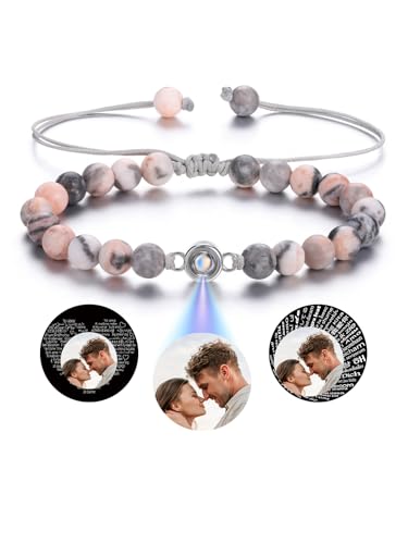 PiercingJak Bild Projektion Armband mit Foto im Stein Damen Herren Perlenarmband 6mm Rosa Zebra Jaspis Armbänder Personalisierte Geschenke für Mann Frauen von PiercingJak