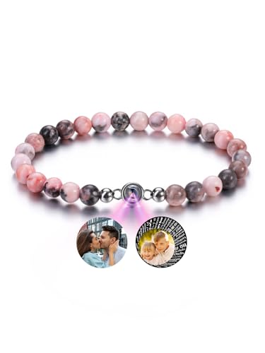 PiercingJak Bild Projektion Armband mit Foto im Stein Damen Herren Perlenarmband 6mm Rosa Zebra Jaspis Edelstein Stretch-Armband Personalisierte Geschenke für Mann Frauen von PiercingJak