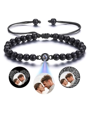 PiercingJak Bild Projektion Armband mit Foto im Stein Damen Herren Perlenarmband 6mm Schwarz Achat Perlen Armbänder Personalisierte Geschenke für Mann Frauen von PiercingJak