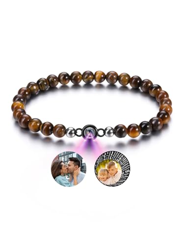 PiercingJak Bild Projektion Armband mit Foto im Stein Damen Herren Perlenarmband 6mm Tigerauge Edelstein Stretch-Armband Kugelarmband Personalisierte Geschenke für Mann Frauen von PiercingJak
