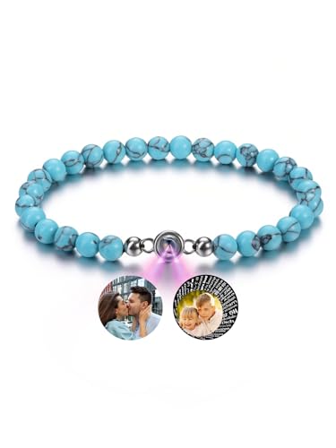 PiercingJak Bild Projektion Armband mit Foto im Stein Damen Herren Perlenarmband 6mm Türkis Edelstein Stretch-Armband Kugelarmband Personalisierte Geschenke für Mann Frauen von PiercingJak