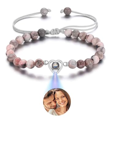 PiercingJak Bild Projektion Armband mit Foto im Stein Damen Herren Perlenarmband Rosa Zebra Jaspis Armbänder Herz Liebe Schmuck Personalisierte Geschenke für Mann Frauen von PiercingJak
