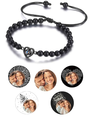 PiercingJak Bild Projektion Armband mit Foto im Stein Damen Herren Perlenarmband Schwarz Achat Perlen Armbänder Herz Armkette Personalisierte Geschenke für Mann Frauen von PiercingJak