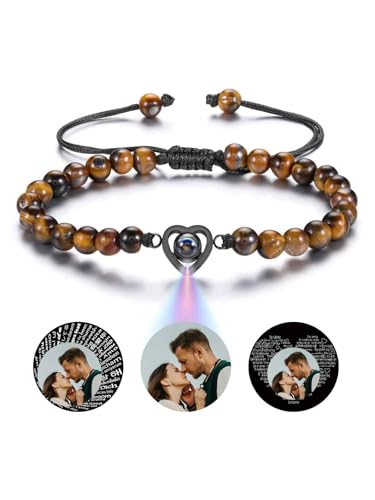 PiercingJak Bild Projektion Armband mit Foto im Stein Damen Herren Perlenarmband Tigerauge Herz Liebe Armbänder Personalisierte Geschenke für Mann Frauen von PiercingJak