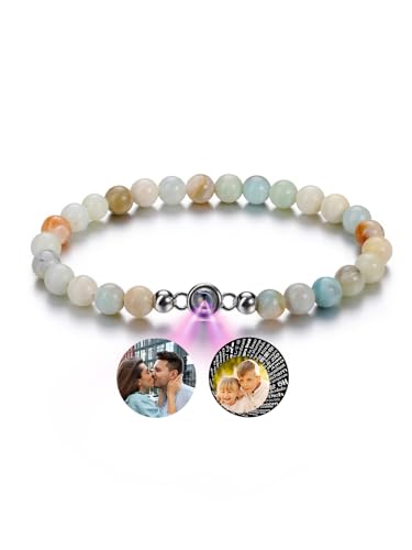 PiercingJak Bild Projektion Armband mit Foto im Stein Damen Perlenarmband 6mm Amazonite Edelstein Stretch-Armband Kugelarmband Personalisierte Geschenke für Frauen Mädchen von PiercingJak