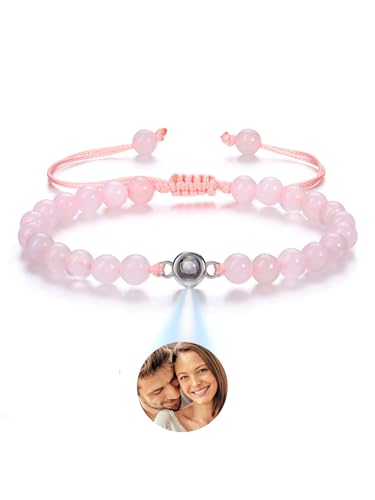 PiercingJak Bild Projektion Armband mit Foto im Stein Damen Perlenarmband 6mm Rosenquarz Armbänder Personalisierte Geschenke für Frauen Mädchen von PiercingJak