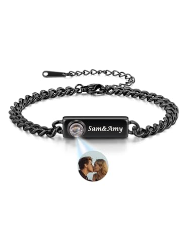 PiercingJak Bild Projektion Armband mit Foto im Stein Herren Damen Armkette 6mm Breit Panzerkette Kubanische Kette Armbänder Schwarz Edelstahl Armreif Personalisierte Geschenke für Mann Frauen von PiercingJak