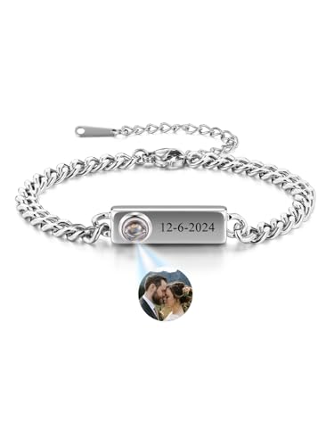 PiercingJak Bild Projektion Armband mit Foto im Stein Herren Damen Armkette 6mm Breit Panzerkette Kubanische Kette Armbänder Silber Edelstahl Armreif Personalisierte Geschenke für Mann Frauen von PiercingJak