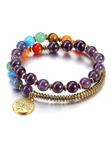 PiercingJak Chakra Armband echte Steine Armbänder mit Lebensbaum Anhänger Damen Perlenarmband Naturstein Yoga Armreif Spiritueller Schmuck Freundschaft Geschenke für Frauen Mädchen von PiercingJak