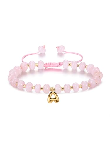 PiercingJak Damen Armband mit Buchstaben Perlenarmband Rosequarz Steine Perlen Armbänder A-Z Charms Freundschaftsarmband Boho Schmuck Personalisierte Geschenke für Frauen Mädchen Freundin Schwester von PiercingJak