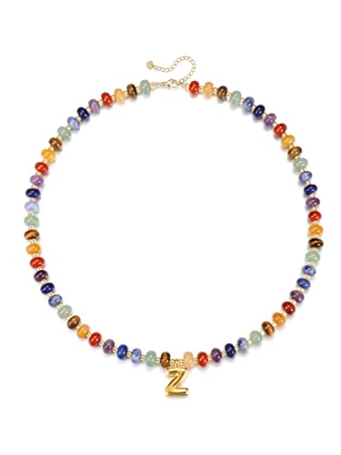 PiercingJak Damen Perlenkette mit Buchstaben Kette Chakra Heilsteine Perlen Halskette Bunt Sommer Charm Schmuck Personalisierte Geschenke für Frauen Mädchen, Initialen A-Z von PiercingJak