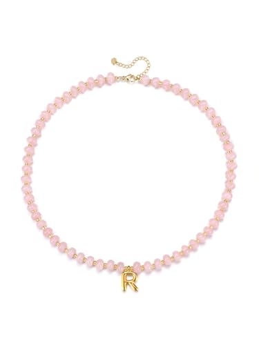PiercingJak Damen Perlenkette mit Buchstaben Kette Rosequarz Heilsteine Perlen Halskette Sommer Strand Charm Schmuck Personalisierte Geschenke für Frauen Mädchen, Initialen A-Z von PiercingJak