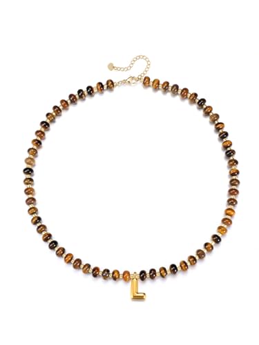 PiercingJak Damen Perlenkette mit Buchstaben Kette Tigerauge Heilsteine Perlen Halskette Sommer Charm Schmuck Personalisierte Geschenke für Frauen Mädchen, Initialen A-Z von PiercingJak