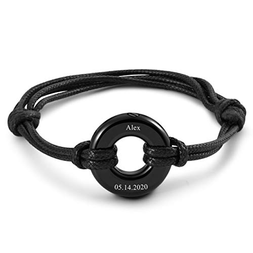 PiercingJak Edelstahl Asche Armband mit Personalisiert Gravur Unisex ‘Circle of Life Eternity’ Urne Schmuck Memorial Armbänder mit verstellerbarem Lederarmband (Schwarz mit Gravur) von PiercingJak