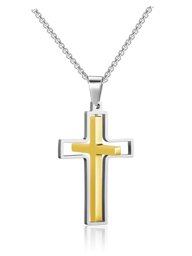 PiercingJak Edelstahl Kreuz Halskette Drehbar Kreuz Anhänger mit Silber Kette Religiöse Christian Minimalist Mode Schmuck Geburtstag Geschenke für Herren Damen Junge, Gold Kreuzanhänger von PiercingJak