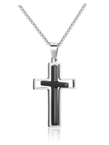 PiercingJak Edelstahl Kreuz Halskette Drehbar Kreuz Anhänger mit Kette Religiöse Christian Minimalist Mode Schmuck Geburtstag Geschenke für Herren Damen Junge, Silber Schwarz von PiercingJak