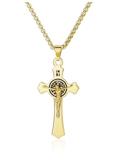 PiercingJak Edelstahl Kreuz Halskette INRI Kruzifix Jesus Christus Anhänger mit Box Kette Katholischen Christian Religiöse Modeschmuck Taufe Kommunion Geschenke für Herren Damen Junge von PiercingJak