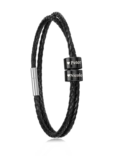 PiercingJak Herren Armbänder mit Gravur 2 Namen Armband Schwarz Lederarmband geflochten Leder Kette Wickel Edelstahl Namensperlen ID Armreif Personalisierte Geschenke für Partner Mann Familie von PiercingJak