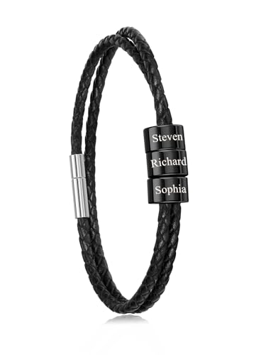 PiercingJak Herren Armbänder mit Gravur 3 Namen Armband Schwarz Lederarmband geflochten Leder Kette Wickel Edelstahl Namensperlen ID Armreif Personalisierte Geschenke für Partner Mann Familie von PiercingJak