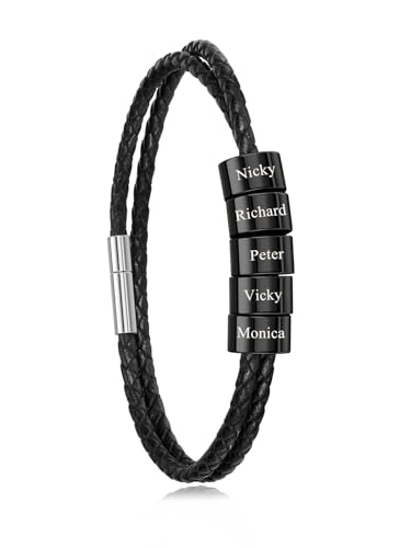 PiercingJak Herren Armbänder mit Gravur 5 Namen Armband Schwarz Lederarmband geflochten Leder Kette Wickel Edelstahl Namensperlen ID Armreif Personalisierte Geschenke für Partner Mann Familie von PiercingJak