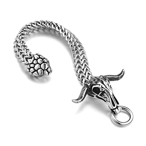 PiercingJak Herren Armband Baphomet Ziege Armkette Franco Link Panzerkette 11mm Breit Edelstahl Ziegenkopf Armreif Kettenarmband Satanischer Nordisch Biker Schmuck Amulett für Männer, 22cm von PiercingJak