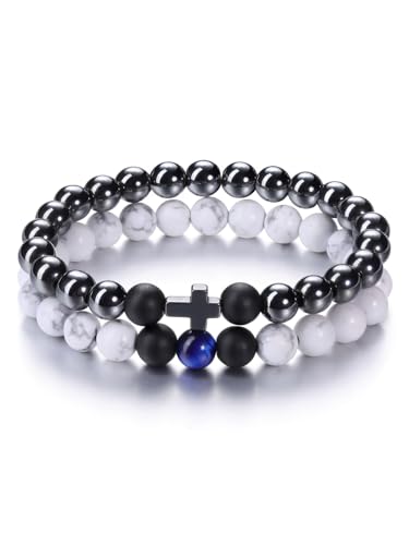 PiercingJak Kreuz Armband Herren Perlenarmband Howlith Onyx Heilsteine Armbänder Set Spiritueller Schmuck Kommunion Geschenke für Männer Junge Freund Sohn, Schwarze Weiße Edelsteine Perlen von PiercingJak
