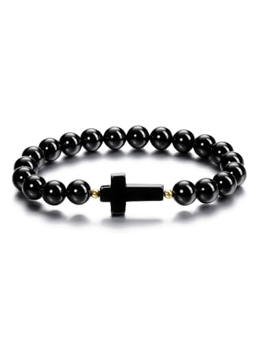 PiercingJak Herren Armband Kreuz Perlenarmband 8mm Edelstein Perlen Armbänder Obsidian Heilsteine Armreif Spiritueller Schmuck Kommunion Geschenke für Männer Junge Freunde von PiercingJak