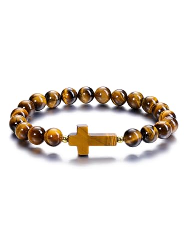 PiercingJak Kreuz Armband Herren Perlenarmband 8mm Tigerauge Perlen Armbänder Edelstein Spiritueller Schmuck Kommunion Geschenke für Männer Junge Damen Frauen von PiercingJak