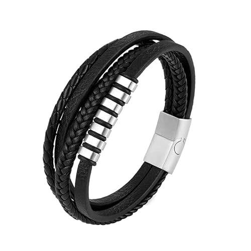 PiercingJak Herren Armband Breit Schwarz Lederarmband für Männer Armreif 4 Reihen geflochten Echtleder Wickel Edelstahl Perlen Charm Schmuck Geburtstag Geschenke Mann Biker Vater Bruder, 22cm von PiercingJak