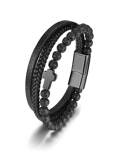 PiercingJak Herren Armband Männer Kreuz Lederarmband Schwarz geflochten Echtleder mit 6mm Lavasteine Diffusor Armreif Mode Charm Schmuck Geschenke für Mann, 22cm von PiercingJak