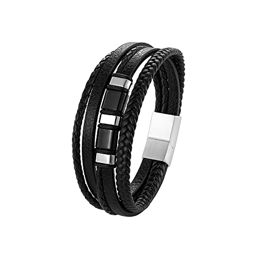 PiercingJak Herren Armband Männer Lederarmband geflochten Schwarz Echtleder Wickel Edelstahl Perlen Charm Schmuck Geburtstag Geschenke für Mann, 22cm von PiercingJak