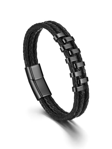 PiercingJak Herren Armband Männer Lederarmband mit Magnet Verschluss geflochten Schwarz Echtleder Wickel Edelstahl Perlen Armreif Charm Schmuck Geschenke für Mann von PiercingJak