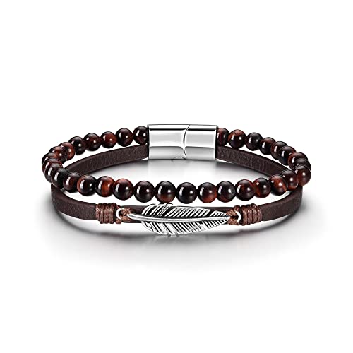 PiercingJak Herren Armband Männer Tigerauge Perlen Lederarmband geflochten Braun Echtleder mit Edelstahl Feder Blatt Armreif Mode Charm Schmuck, 22cm von PiercingJak