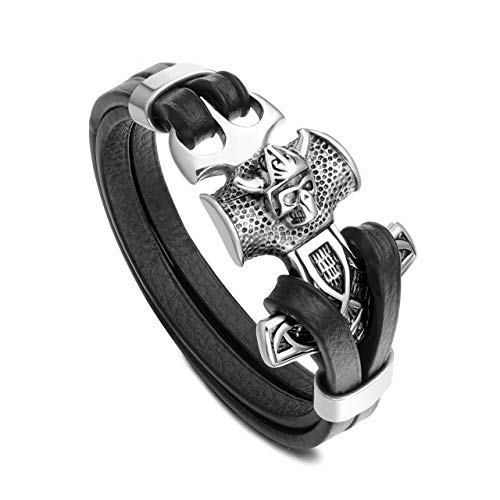 PiercingJak Mjölnir Thors Hammer Herren Armband Männer Lederarmband Echtleder Punk Schädel Armreif nordischer Wikinger Schmuck von PiercingJak