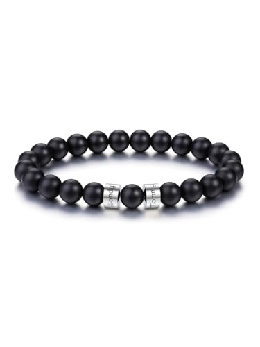 PiercingJak Herren Armband mit 2 Namen Gravur Männer Perlenarmband 8mm Schwarz Achat Perlen Armbänder Edelsteine Spiritueller Schmuck Personalisierte Geschenke für Mann von PiercingJak