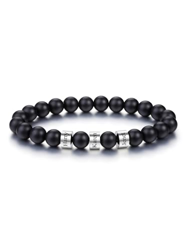 PiercingJak Herren Armband mit 3 Namen Gravur Männer Perlenarmband 8mm Schwarz Achat Perlen Armbänder Edelsteine Spiritueller Schmuck Personalisierte Geschenke für Mann von PiercingJak