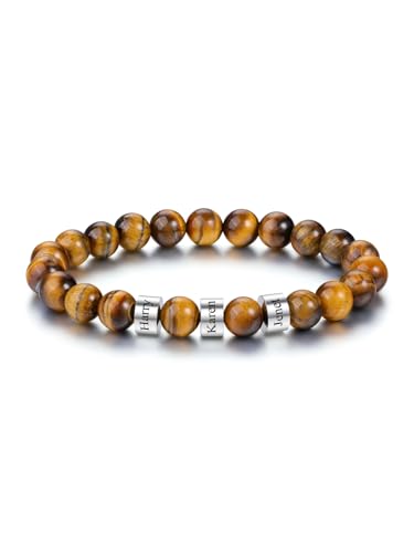 PiercingJak Herren Armband mit 3 Namen Gravur Männer Perlenarmband Edelstahl Namensperlen Tigerauge Perlen Armbänder Edelsteine Spiritueller Schmuck Personalisierte Geschenke für Mann von PiercingJak
