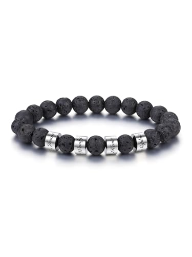 PiercingJak Herren Armband mit 4 Namen Gravur Männer Perlenarmband Edelstahl Namensperlen 8mm Lavasteine Perlen Armbänder Edelsteine Spiritueller Schmuck Personalisierte Geschenke für Mann von PiercingJak