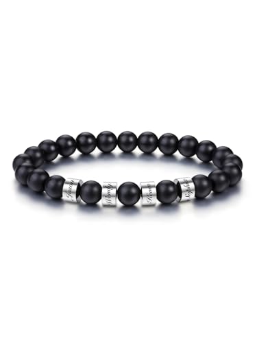 PiercingJak Herren Armband mit 4 Namen Gravur Männer Perlenarmband 8mm Schwarz Achat Perlen Armbänder Edelsteine Spiritueller Schmuck Personalisierte Geschenke für Mann von PiercingJak