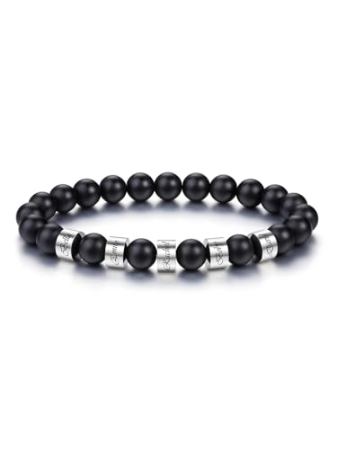PiercingJak Herren Armband mit 5 Namen Gravur Männer Perlenarmband 8mm Schwarz Achat Perlen Armbänder Edelsteine Spiritueller Schmuck Personalisierte Geschenke für Mann von PiercingJak